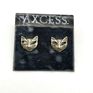 AXCESS Vintage Cat Earrings Silver Tone Kitty‎ Face Stud Earrings Animal Jewelry